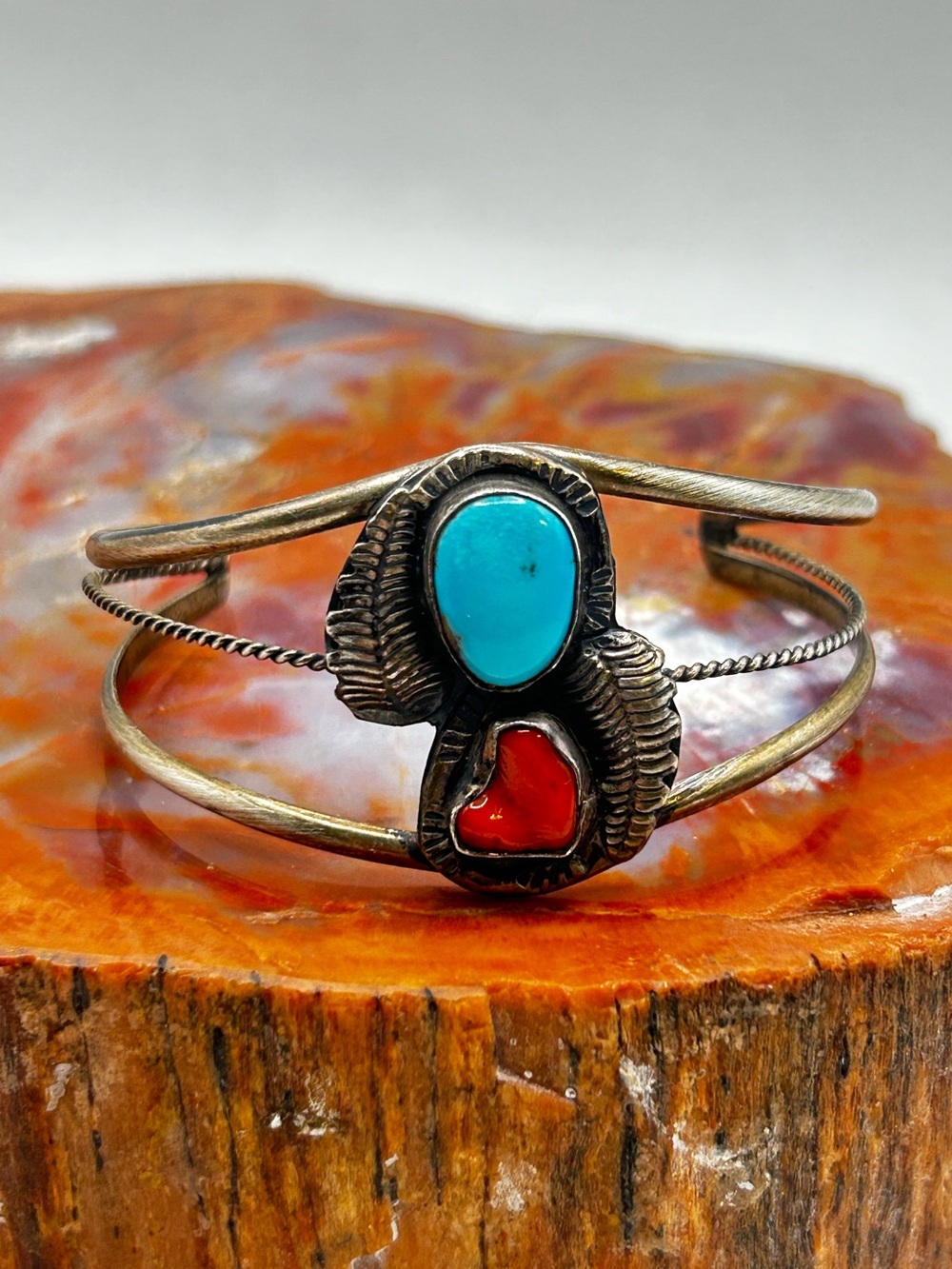 Southwest Sterling Silver Bangle Bracelet / Cuff, turquoise and coral stones